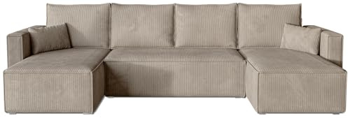 BROMARKT Ecksofa mit Schlaffunktion Sofa Cord Eckcouch mit Bettkasten Wohnzimmer Möbel U Form Couch dreisitzer Kissen groß 305x145x74 cm Schlafsofa Wohnlandschaft TOP U Cappuccino