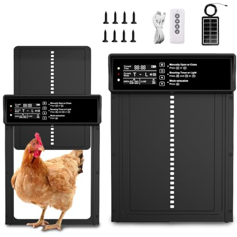 XPJBKC Puerta Automática de Gallinero Solar, Puerta Gallinero Automatica con Sensor de Tiempo/Temperatura/Luz/Mando a Distancia, IP45, Protección Inteligente Antiaprisionamiento, Cría de Pollo Segura