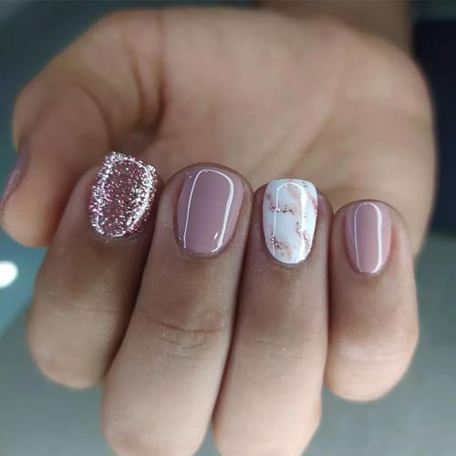 Goiern 24 Pcs Square Press on Nails Kurz Fake Nails Glitter Marmor Nägel Zum Aufkleben Kurz, Acryl Künstliche Fingernägel für Frauen & Mädchen