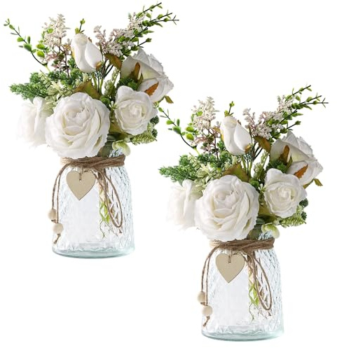 Flojery 2 Packs Faux Flowers in vase,Fake Flowers with Vase, Artificial Silk Roses in Vase, Artificial Flowers in Vase, Faux Flower Arrangement with Vase for Farmhouse (White with vase)