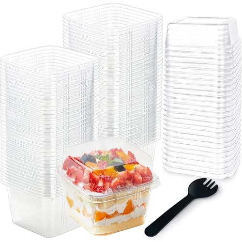 Hazyore 50pcs 8oz Plastic Parfait Cups with Lids and Sporks, Square Dessert Cups with Spoons, Disposable Cake Container for Party Mousse Ice Cream Pudding Snacks Fruits Cupcake