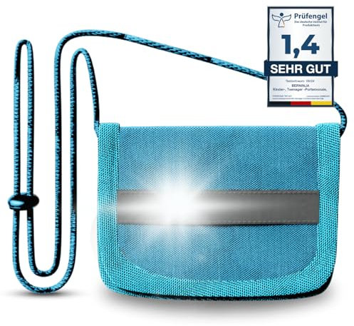 Geldbeutel mit Sichtfenster zum Umhängen Kinder-, Schüler -Portemonnaie, Brustbeutel, mit Reflektor Streifen für Jungen und Mädchen Portmonee (Hellblau)