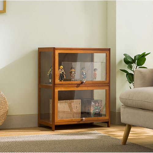Pounjsd Großer Kapazität Klare Regal Vitrine, Glas Acryl vitrine, Bambou Bücherregal Vitrinenschrank, Holzvitrine, Braun Curio-SchräNke, 60cm Glasvitrine für Bücher, Wein, Büro, Wohnzimmer, Küche