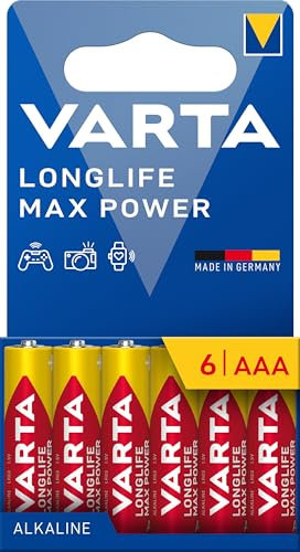 VARTA Piles AAA, lot de 6, Longlife Max Power, Alcalines, 1,5V, emballage recyclé à 90%, adaptées aux appareils photo numériques, contrôleurs, Made in Germany