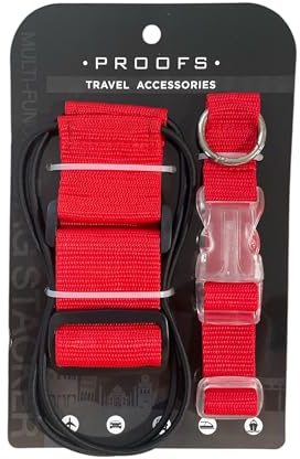 Multi travel strap pack with adjustable strap including 2 types one with D Ring and one with elastic straps for suitcase, backpack, carry on luggage. (Red)