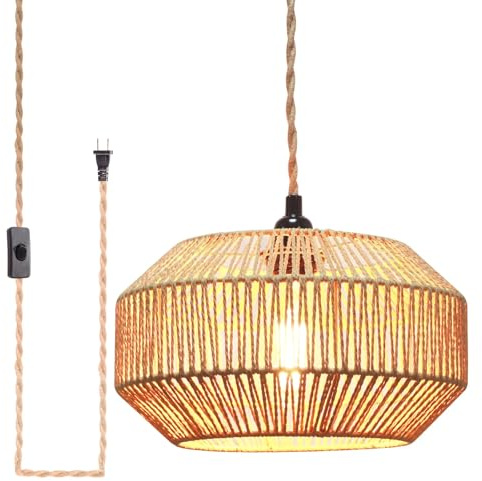 Garvot Hanging Lamp Plug in Pendant Light Rattan Hanging Lights with Plug in Cord Hanging lamp Hanging Lights with Plug in Cord Hanging lamp for Living roon