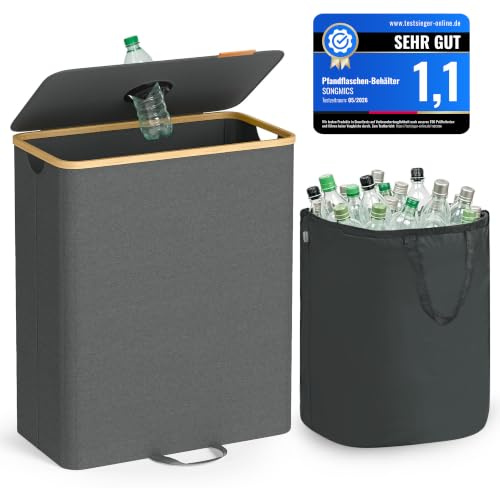 SONGMICS Pfandflaschen-Sammelbehälter, 135 L, Flaschensammler Leergut | Recycling-Behälter, mit Loch, Deckel, Innensack mit Griffen, Küche, schiefergrau-naturbeige, ROXANNE Kollektion RRB513G01