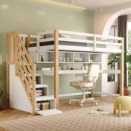 Neegaurd Hochbett mit Bücherregal und Stauraumtreppe, Kinderhochbett 90×200cm, Kinderbett mit Schreibtisch, Etagenbett, Holzbett mit Gitter, Rausfallschutz & Lattenrost, Jugendbett Spielbett (Weiß)