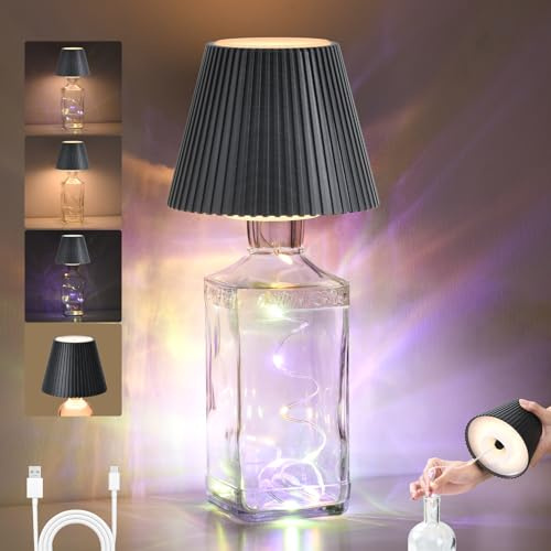 SMARTERIOR RGB Kabellose Flaschenlampe, Aufladbare Akku-Lampe, Dimmbare Farbrige Nachttischlampe mit 3 Lichtfarben, IP54 Wasserdicht Touch Tischlampe für Innen/Außen, Wohnzimmer, Schlafzimmer