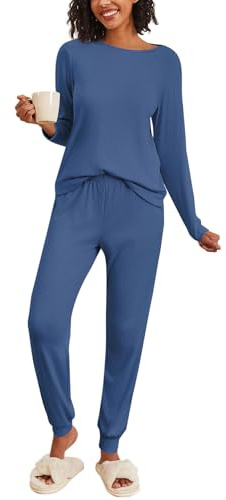 Ekouaer Womens Pyjamas Ribbed Lounge Wear Sets Loungewear Autumn & Winter Ladies Pjs Set 2 Piece Outfits Lounge Pants and Long Sleeve T-Shirt Navy Blue XL