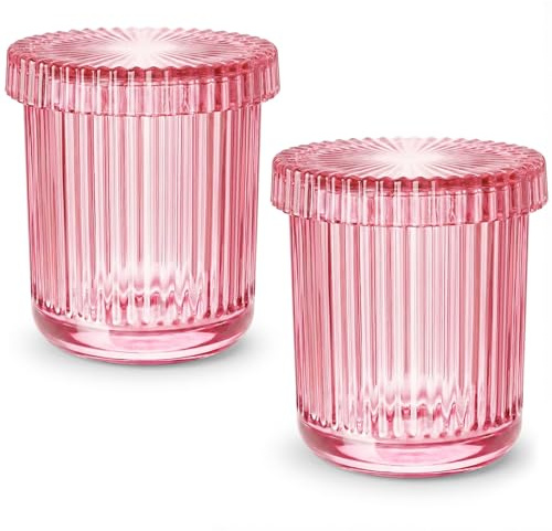 MKOSAB Light Pink Thick Glass Bathroom Qtip Holder, 2 Pack | Modern textured design adds a refined look while keeping cotton swabs, cotton balls, pads and floss picks organized