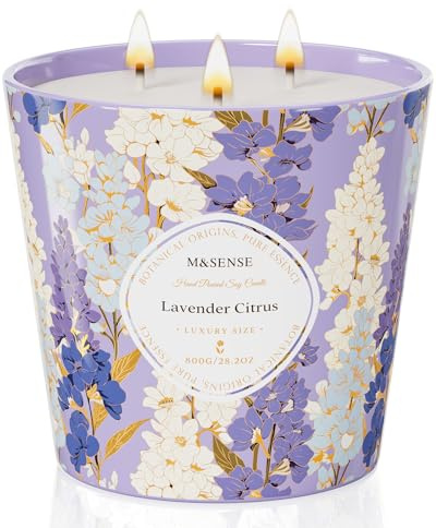 M&SENSE Stort doftljus i glas, Lavendel & Citrus, 120 timmars brinntid med 3 vekar, 800g sojavax, för bättre sömn, present till kvinnor, födelsedag, mors dag