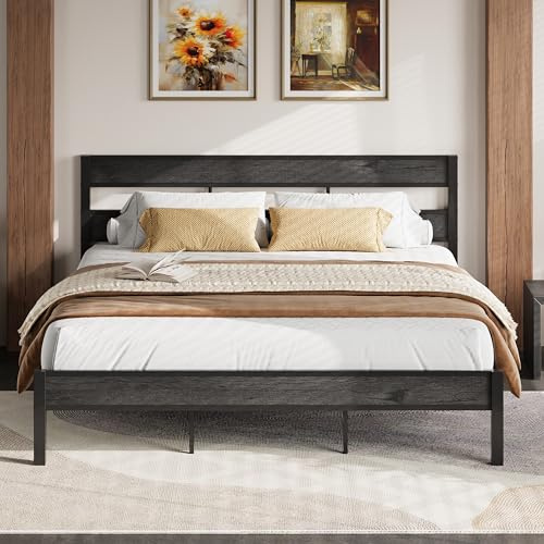 LIKIMIO California King Bed Frame with Headboard, Easy Assembly, Noise-Free, No Box Spring Needed, Heavy Strong Metal Support Frames, Charcoal Grey