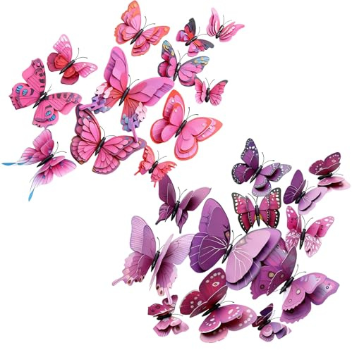 CavspkArt 24PCS 3D Butterfly Wall Sticker,Double Layer Butterflies Decals for Walls,3D Butterfly Decorations for Home,Bedroom Accessories,Wedding,Party & Flower Decoration (Purple+Rose red)