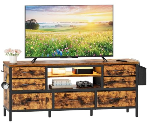 Dripex TV Schrank Lowboard für Fernseher bis zu 55 Zoll mit 7 Schubladen, Aufbewahrungstasche und offenen Regalen mit RGB LED Beleuchtung Industrial Style, 120 x 35 x 50CM