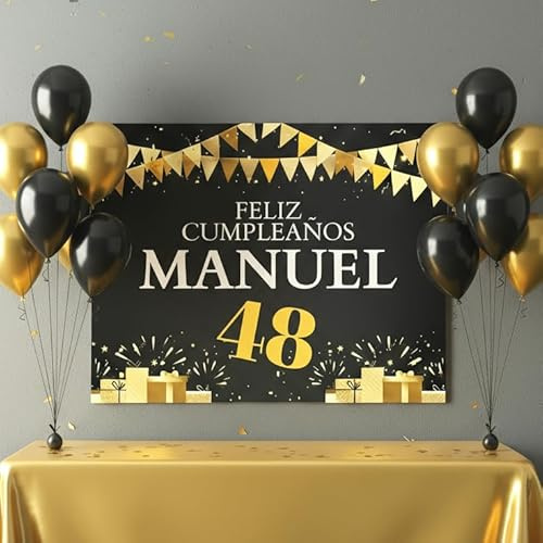 Cartel Feliz Cumpleaños, (Nombre y Edad Personalizable), Tamaño 100x80cm, Papel 180gr, Decoración de Fiestas, Negro y Dorado