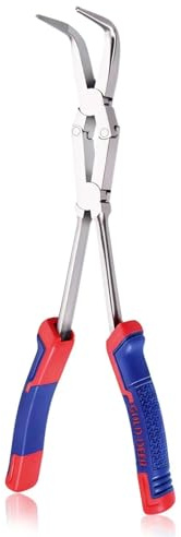 GOLD DEER 13Inch Long Reach 90 Degree Bent Nose Pliers Dual Pivot Plier Double Joint Bent Long Nose Plier Serrated Jaw Angled Needle Nose Plier for Hard to Reach Narrow Spaces