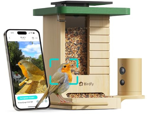 Smartes Vogelfutterhaus mit Kamera, Birdfy VogelFutterspender aus Holz, solarbetrieben, KI-Erkennung für 6000+ Vogelarten, 1080P Hochformat, wetterfest, App Live-Ansicht, YouTube&Facebook Streaming