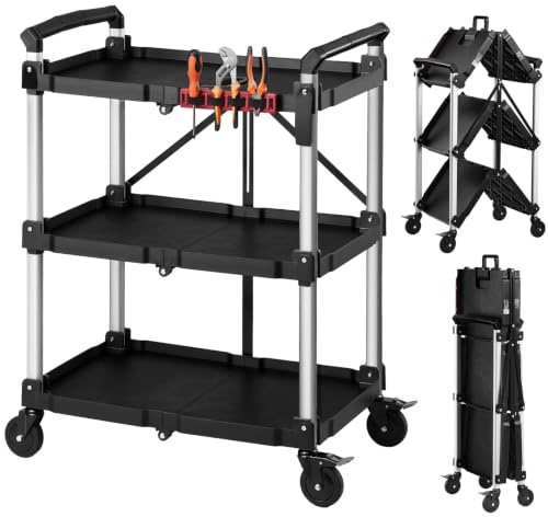 VEVOR Chariot d'Atelier Max. 136 kg Chariot de Service Pliable à 3 Niveaux, 4 Roulettes Pivotantes dont 2 avec Frein, pour Garage, Atelier et Entrepot, avec Plateaux de Rangement, Porte-Outils Latéral