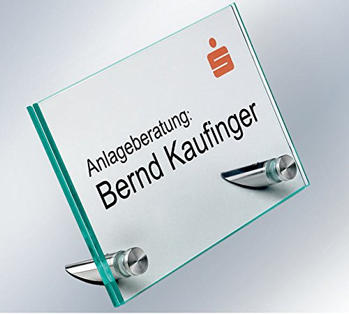 Tischaufsteller, Namensschild, Empfangsschild, Floatglas, 200x130x4 mm, 60° Aufstellwinkel, Schilderhalter Edelstahl mit flachem Kopf
