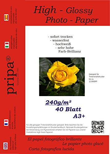pripa - A3+ - 40 Blatt Fotopapier Photopapier DIN - A 3 + - 240g/qm - glossy glaenzend - sofort trocken - wasserfest - hochweiß - sehr hohe Farbbrillianz fuer InkJet Drucker Tintenstrahldrucker