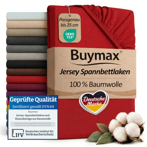 Buymax® Sábana Bajera Ajustable 160x200 cm – 100% Algodón Jersey, Bolsillo Profundo 30 cm con Goma Elástica, Rojo