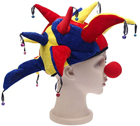 LONTG Halloween Clown Hat Jester Cap with Foam Clown Nose 13 Bells Clown Costume Accessories Halloween Christmas Costume Cosplay Party Fancy Dress for Adults