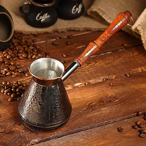 AEVVV Cafetière Turka en cuivre de 400 ml – Cafetière turque Cezve en cuivre de 400 ml – Ornement de raisin gravé Ibrik – Mini casserole avec bec verseur et poignée en bois