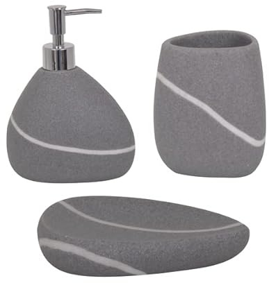 MSV Bad Accessoires Polyresin 3-teilig - Seifenspender, Seifenschale, Zahnputzbecher Stone Grau Zen