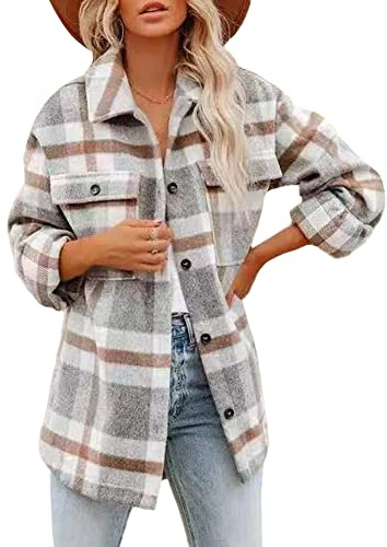 GUOCU Rutig fleecejacka dam vardaglig skjorta rutig skjorta jacka damer rutig knapp ner långärmad tartan jacka baggy slag skjorta kappa varm cardigan ytterkläder rutig blus toppar med fickor, Färg C, L
