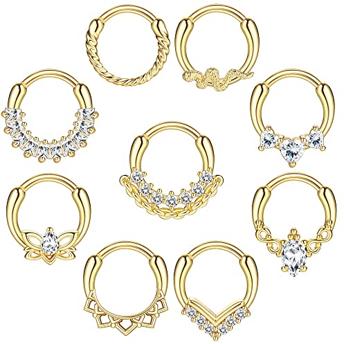 Kakonia 9stk Septum Piercing Chirurgenstahl für Damen Herren 16G Zirkonia Nasenpiercing Ring Tragus Daith Helix Piercing Ring Gold Septum Piercing Set