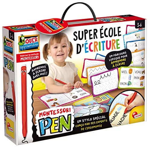 Lisciani - MONTESSORI PEN Super École d'Écriture - Stylo pour Apprendre à Ecrire - Activité MONTESSORI - avec Ardoises Réutilisables - Motricité Fine pour enfants 3 ,4 , 5 et 6 ans