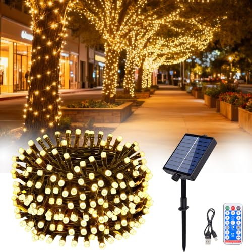 Hopelit Solar Lichterkette Aussen 30M 300 LED Warmweiß mit Fernbedienung und Timer, 8 Modi, Lichterkette Außen Solar für Gartendeko, Terrassen, Halloween, Weihnachtsbaum, Party, Etc