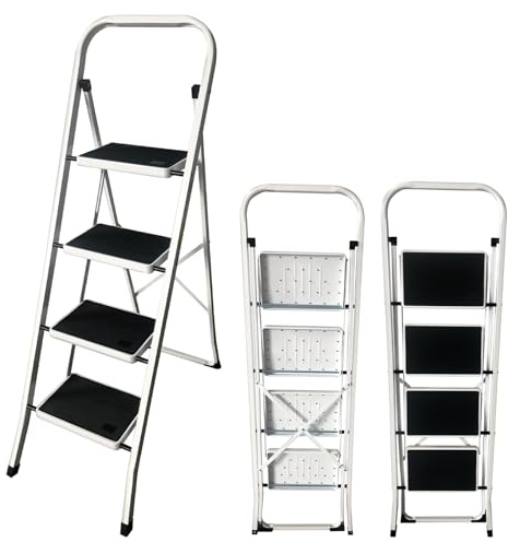 4 Step Stool for Adults Kitchen Foldable Stepladder, Durable Sturdy Steel Folding Step Stool Ladder, Lightweight Portable Folding Step Ladder for DIY and Gardening, Easy to Store, 330Lbs Max Capacity