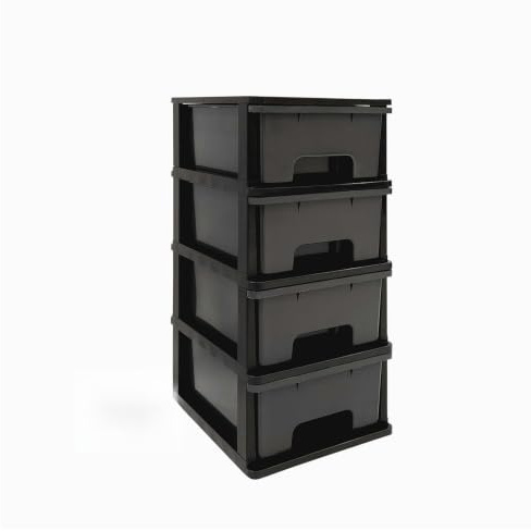 Abbaware Plastic Drawers Storage Unit, With Wheels, Storage Drawers, Tower, 4 x 17L Drawers, Black Frame/Modern Grey Draws