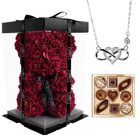 Infinity Flowerbox - Rosen Bär Geschenkset mit Infinity Kette & Pralinen im Set - 300 handbeklebte Rosen mit Duft - Geschenk für Frauen, zum Geburtstag oder Jahrestag (Silber, Romantic Red)
