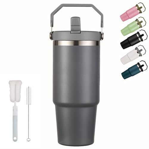 XIXIAMI Travel Mug with Handle 900ml-30oz Insulated Tumbler with Straw & Lid Leakproof Coffee Mug for Hot or Iced Drink |Stainless Steel Thermal Cup-Grey