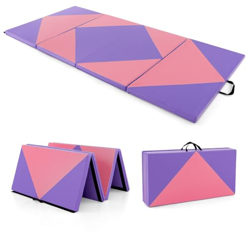 COSTWAY Tappetino Ginnastica Pieghevole 240 CM, Tappetino Fitness con Maniglie e Chiusure a Strappo per Stretching, Yoga, Arti Marziali da Casa e Palestra (Viola e Rosa Chiaro)