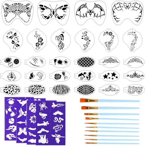 42 Stück Tattoo Schablonen Kits Enthält 28 wiederverwendbare Gesichtsmalschablonen mit 4 Aufklebern 10 Malpinsel Plastik-Tattoo-Malvorlagen für Kinder Halloween Party Makeup