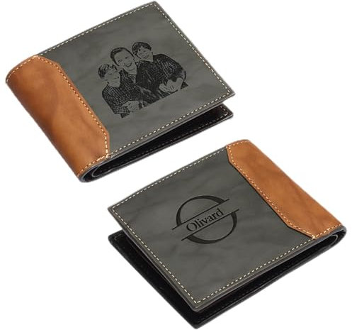 OXYEFEI Portmonee Herren Personalisiert, Geldbeutel mit Gravur Herren,Brieftasche Foto Personalisierte Herre Bifold,Engraved Picture & Initial Name Wallets for Men,Vatertagsgeschenk Geldbeutel(Grau)