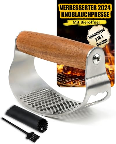Knoblauchpresse Knoblauchwippe Edelstahl, Knoblauch Zerkleinerer, Holzgriff, Garlic Press, Küchenhelfer, spülmaschinenfest