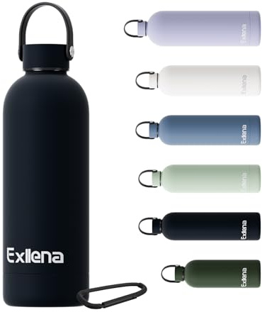 Exllena Borraccia Termica 500 ml con Maniglia e Moschettone - Borraccia 500 ml Mantenere Calore/Freddo - Senza BPA - 100% A Tenuta Stagna per Escursioni, Campeggio, Viaggi...(Nero)