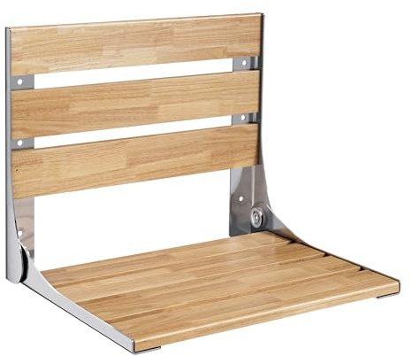 OCPO HOME 18” Wall-Mounted Folding Teak Shower Seat, ADA Compliant Foldable Shower Bench, Home Care Bath Safety