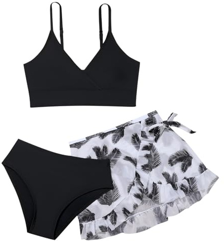 Beichwtd 3 Teilige Mädchen Bikini Set, Teenager Mädchen Badeanzüg, Bikini Top Shorts Slips Badeanzuge, Kinder Badebekleidung mit Blumenmuster Schwimmanzug für 8-18 Jahre