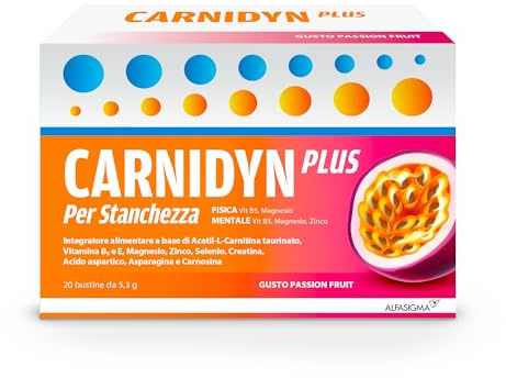 Carnidyn Plus Integratore Alimentare per Stanchezza Mentale e Fisica, 20 Bustine da 5g da Sciogliere in Acqua, Gusto Passion Fruit