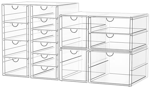 SortNStore organizador de escritorio con 16 cajones: Juego de 4 organizadores de maquillaje con almohadillas antideslizantes | Cajonera apilable para cosméticos, suministros de oficina