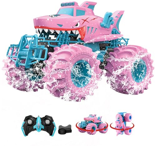 FORESTDREAM RC Auto Amphibisch 4WD Wasserdicht – Monstertruck Offroad, Stunt Auto, All Terrain RC Fahrzeug mit 2.4GHz Fernsteuerung, Shark Design Spielzeug für Kinder Indoor Outdoor Geschenk (Rosa)