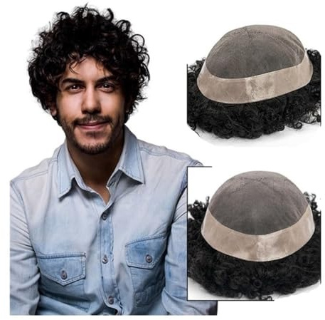 WDSOPK Parrucche da Uomo Realistiche, Protesi Capillare da Uomo, Parrucchino Mono Fine, Parrucca Liscia E Riccia con Capelli Umani, Sistemi di Sostituzione dei Capelli Durevoli,（4Mm Curly-9X11）