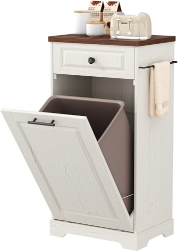 Function Home Trash Can Cabinet, 13 Gallon Tilt Out Trash Cabinet, Wooden Kitchen Garbage Can with Hideaway Drawer, Pet Proof Trash Can Holder for Kitchen Living Room, Antique White with Brown Top