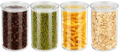 FoiiLiio Barattoli Vetro con Coperchio 1050ml Set di 4 Barattolo Vetro con Coperchio in Trasparente- Φ10x15cm Barattoli Cucina Vetro Ermetici, Contenitori Vetro per Spezie, Noci, Cereali